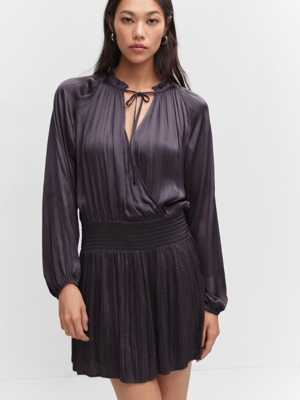 Mango Pleated Satin Mini Dress in Grey